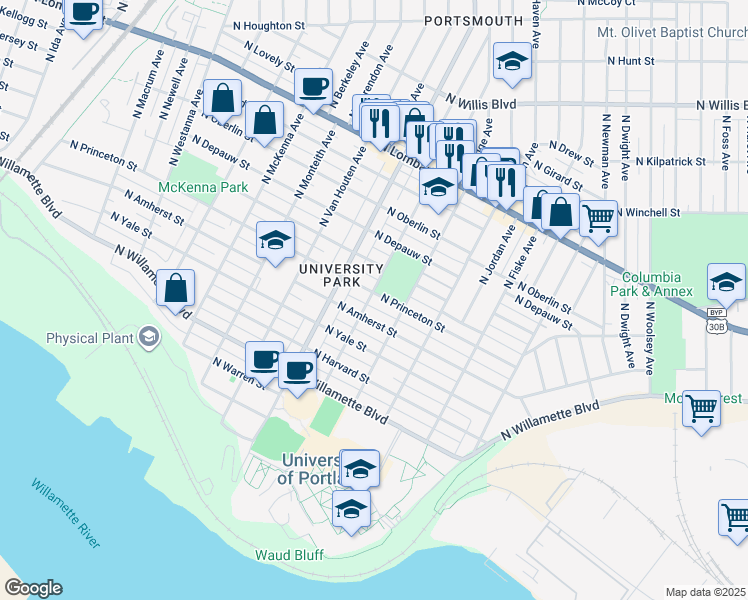map of restaurants, bars, coffee shops, grocery stores, and more near 5238 North Princeton Street in Portland