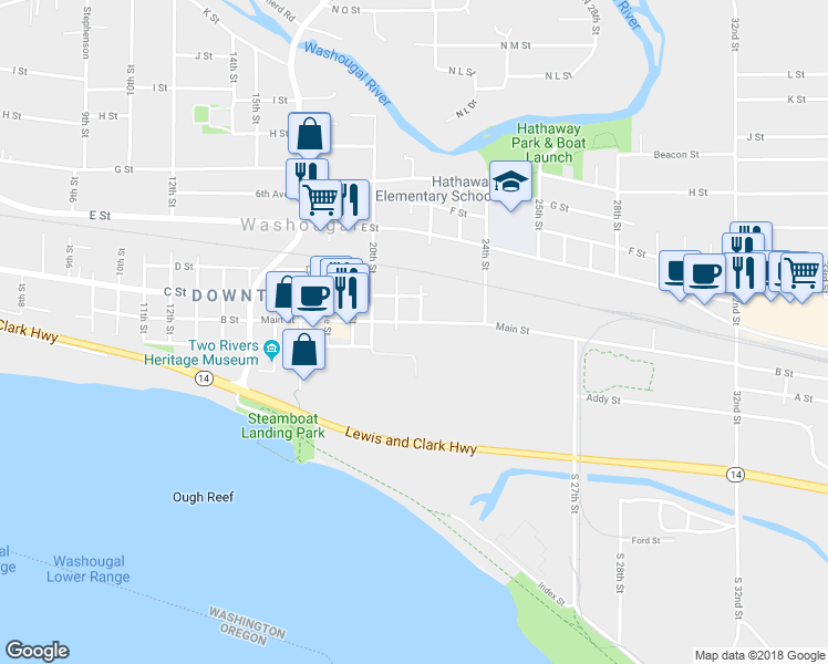 map of restaurants, bars, coffee shops, grocery stores, and more near 102 21st Court in Washougal