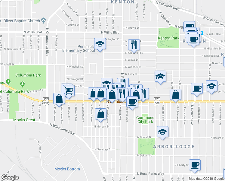 map of restaurants, bars, coffee shops, grocery stores, and more near 7520 North Drummond Avenue in Portland