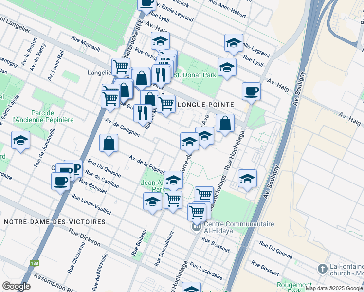 map of restaurants, bars, coffee shops, grocery stores, and more near 2775 Avenue de Carignan in Montréal