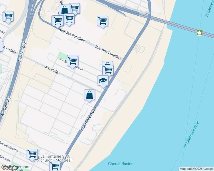 map of restaurants, bars, coffee shops, grocery stores, and more near 6959 Rue Notre-Dame Est in Montréal