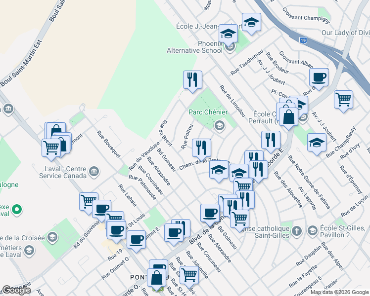 map of restaurants, bars, coffee shops, grocery stores, and more near 143 Rue du Poitou in Laval