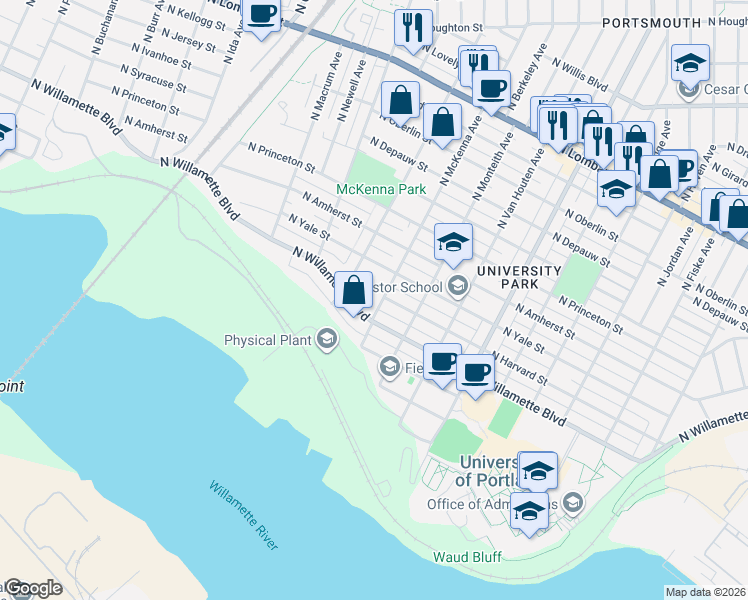 map of restaurants, bars, coffee shops, grocery stores, and more near 6729 North McKenna Avenue in Portland