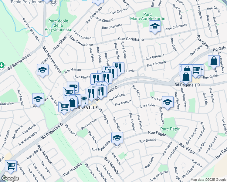 map of restaurants, bars, coffee shops, grocery stores, and more near in Laval