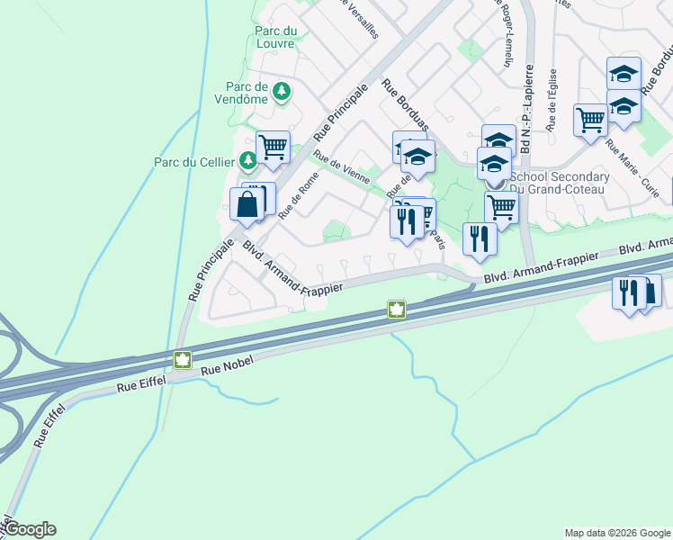 map of restaurants, bars, coffee shops, grocery stores, and more near 176 Place de Chambord in Sainte-Julie