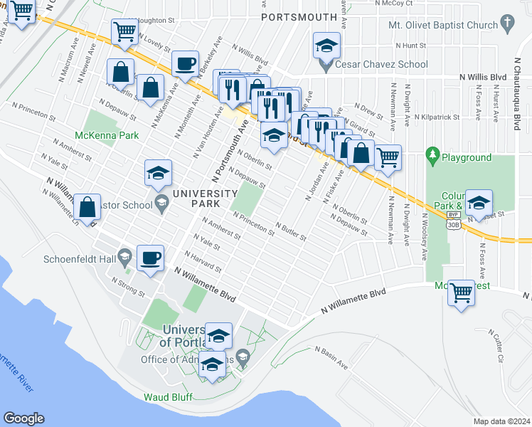 map of restaurants, bars, coffee shops, grocery stores, and more near 5102 North Syracuse Street in Portland