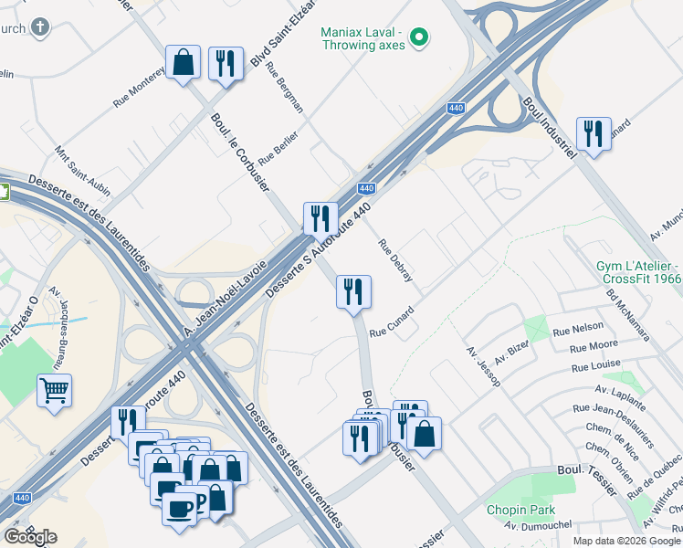 map of restaurants, bars, coffee shops, grocery stores, and more near 2601 Boulevard le Corbusier in Laval