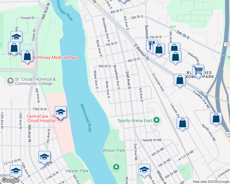 map of restaurants, bars, coffee shops, grocery stores, and more near 1018 Broadway Avenue South in Sauk Rapids