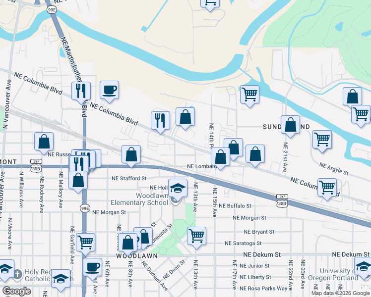 map of restaurants, bars, coffee shops, grocery stores, and more near 1067 Northeast Columbia Boulevard in Portland