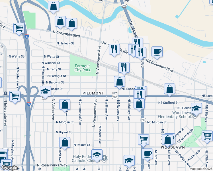 map of restaurants, bars, coffee shops, grocery stores, and more near 6 North Farragut Street in Portland