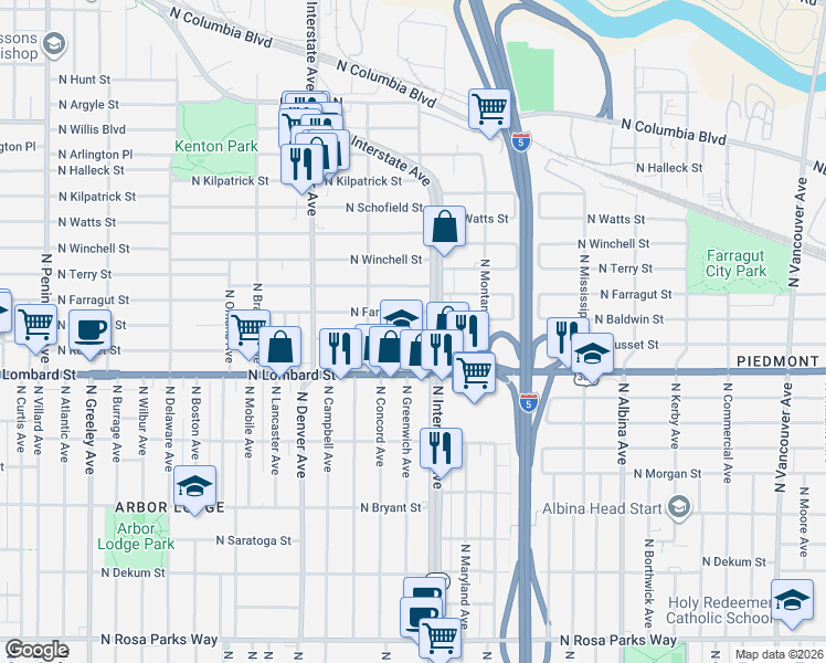 map of restaurants, bars, coffee shops, grocery stores, and more near 1627 North Farragut Street in Portland