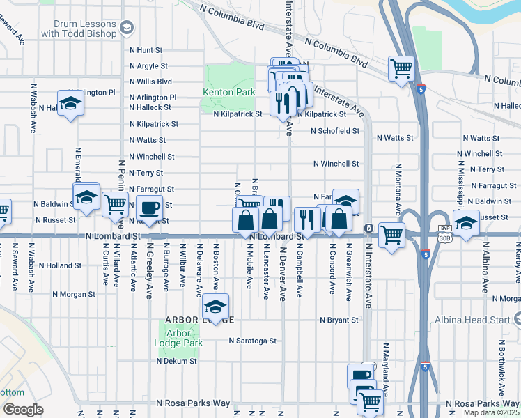 map of restaurants, bars, coffee shops, grocery stores, and more near 2045 North Farragut Street in Portland