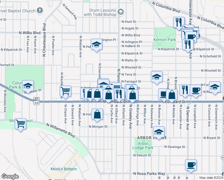 map of restaurants, bars, coffee shops, grocery stores, and more near 3122 North Farragut Street in Portland