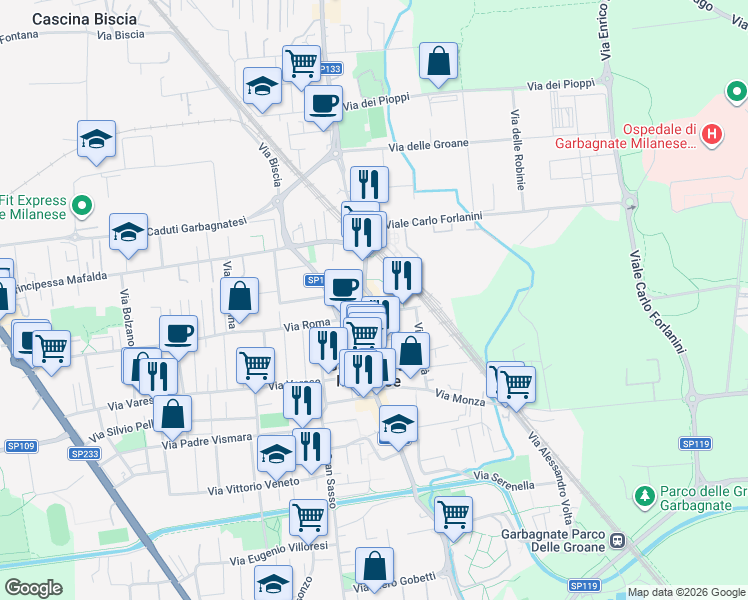 map of restaurants, bars, coffee shops, grocery stores, and more near 46/C Via Manzoni in Garbagnate Milanese