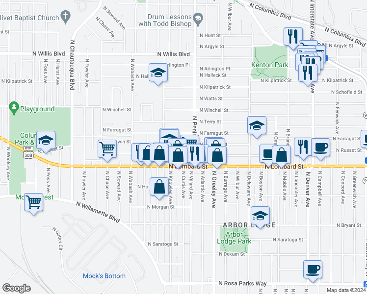 map of restaurants, bars, coffee shops, grocery stores, and more near 7615 North Curtis Avenue in Portland