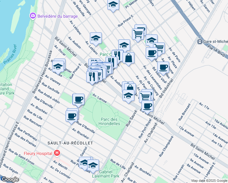 map of restaurants, bars, coffee shops, grocery stores, and more near 10118 Boulevard Saint-Michel in Montréal