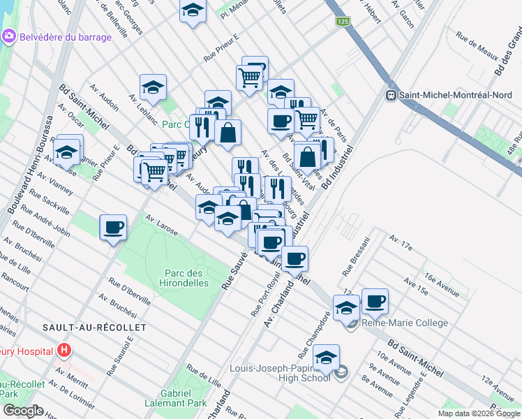 map of restaurants, bars, coffee shops, grocery stores, and more near 9977 Avenue de Belleville in Montrã©Al