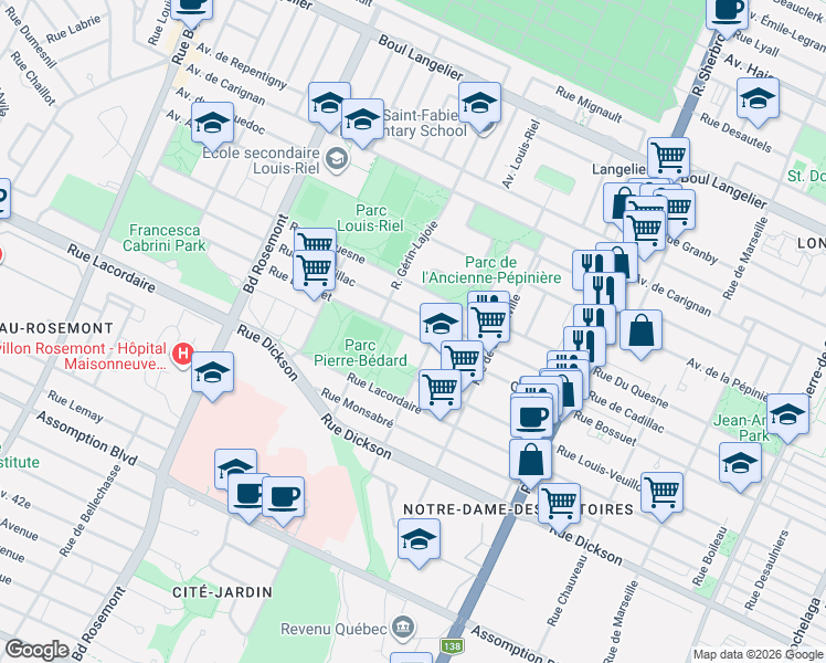 map of restaurants, bars, coffee shops, grocery stores, and more near 5347 Rue Bossuet in Montréal
