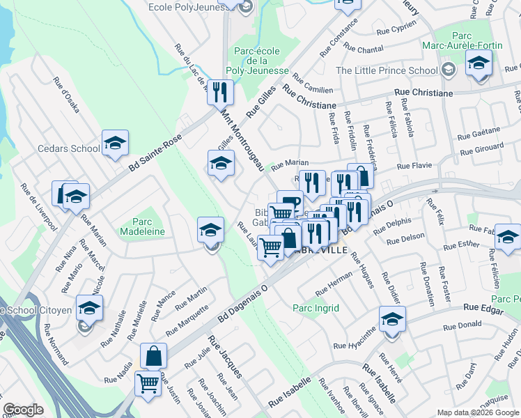 map of restaurants, bars, coffee shops, grocery stores, and more near 676 Montée Montrougeau in Laval