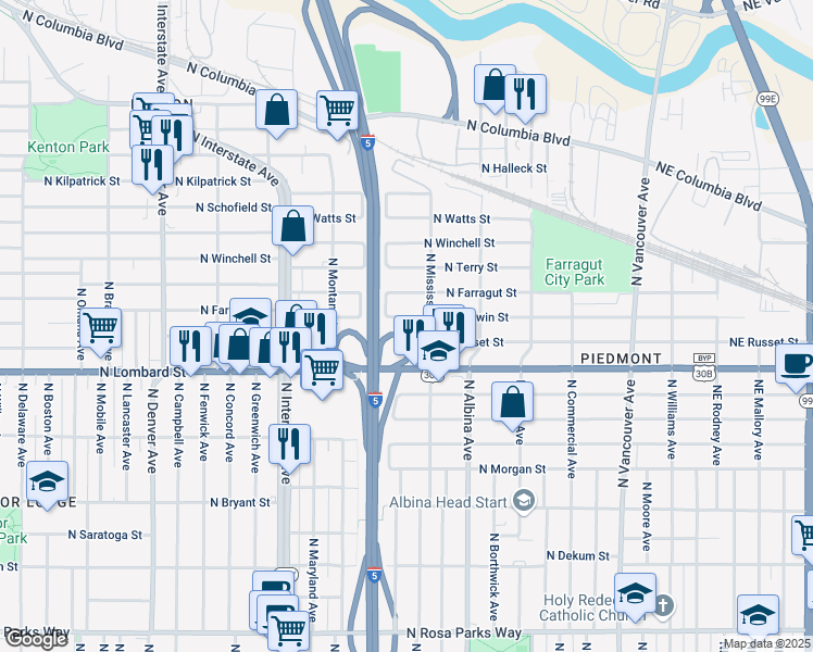 map of restaurants, bars, coffee shops, grocery stores, and more near 1020 North Farragut Street in Portland