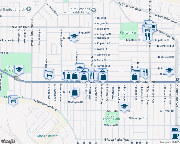 map of restaurants, bars, coffee shops, grocery stores, and more near 7684 North Peninsular Avenue in Portland
