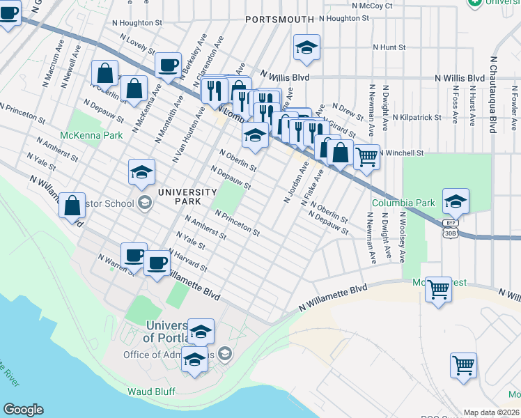 map of restaurants, bars, coffee shops, grocery stores, and more near 5011 North Syracuse Street in Portland