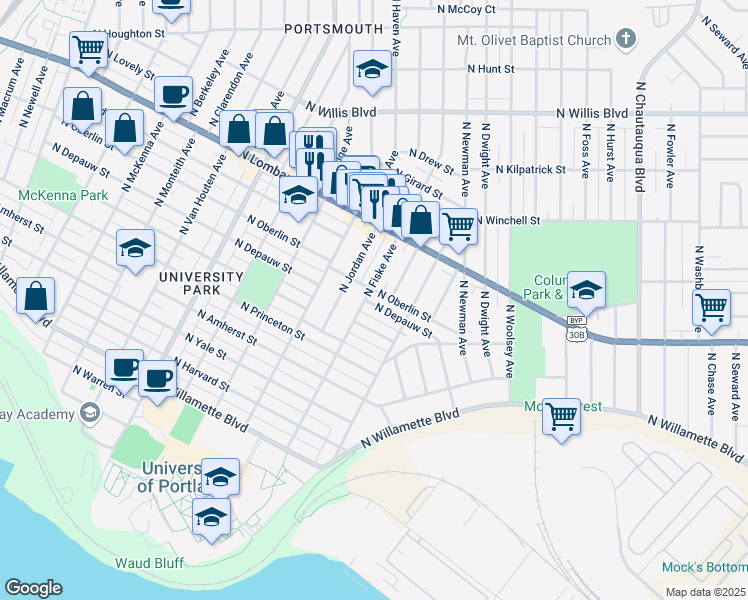 map of restaurants, bars, coffee shops, grocery stores, and more near 7306 North Fiske Avenue in Portland