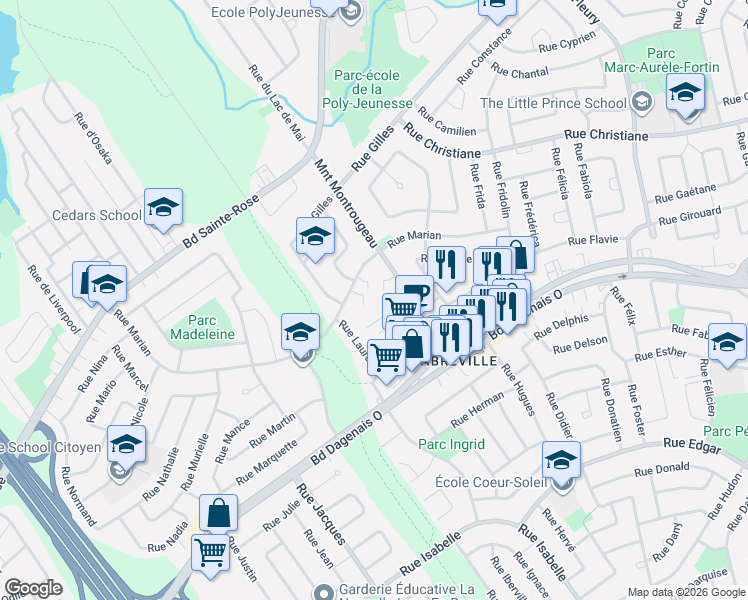 map of restaurants, bars, coffee shops, grocery stores, and more near 676 Montée Montrougeau in Laval