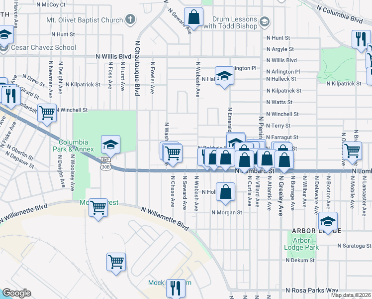 map of restaurants, bars, coffee shops, grocery stores, and more near 3610 North Baldwin Street in Portland