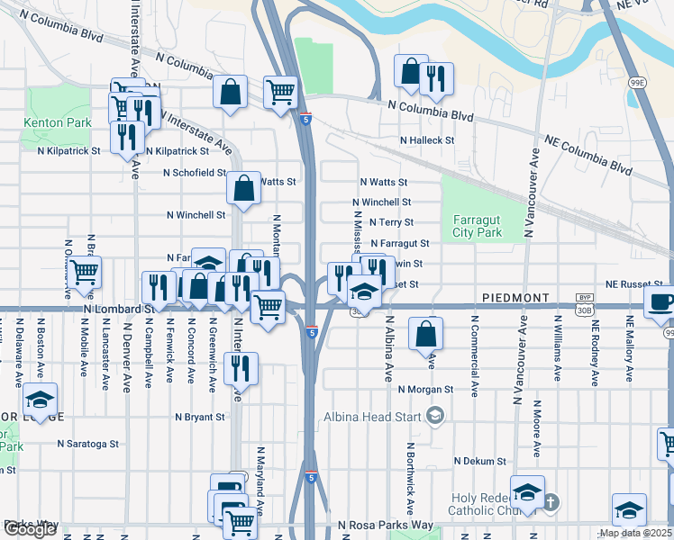 map of restaurants, bars, coffee shops, grocery stores, and more near 1020 North Farragut Street in Portland