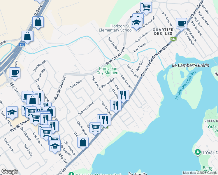 map of restaurants, bars, coffee shops, grocery stores, and more near 146 41e Avenue in Saint-Eustache
