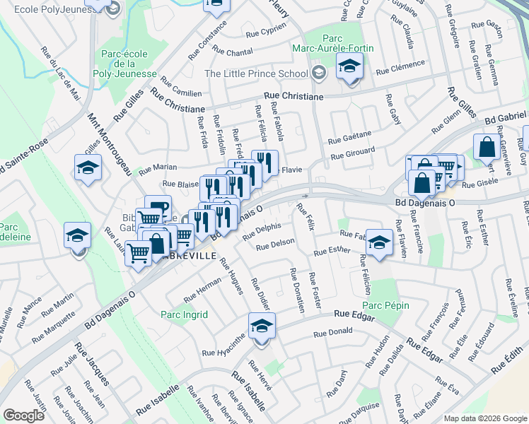 map of restaurants, bars, coffee shops, grocery stores, and more near 3380 Boulevard Dagenais Ouest in Laval
