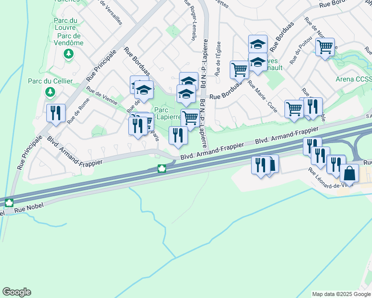 map of restaurants, bars, coffee shops, grocery stores, and more near 2105 Boulevard Armand-Frappier in Sainte-Julie