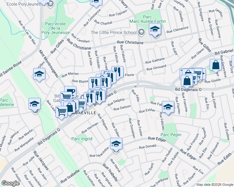 map of restaurants, bars, coffee shops, grocery stores, and more near 3380 Boulevard Dagenais Ouest in Laval