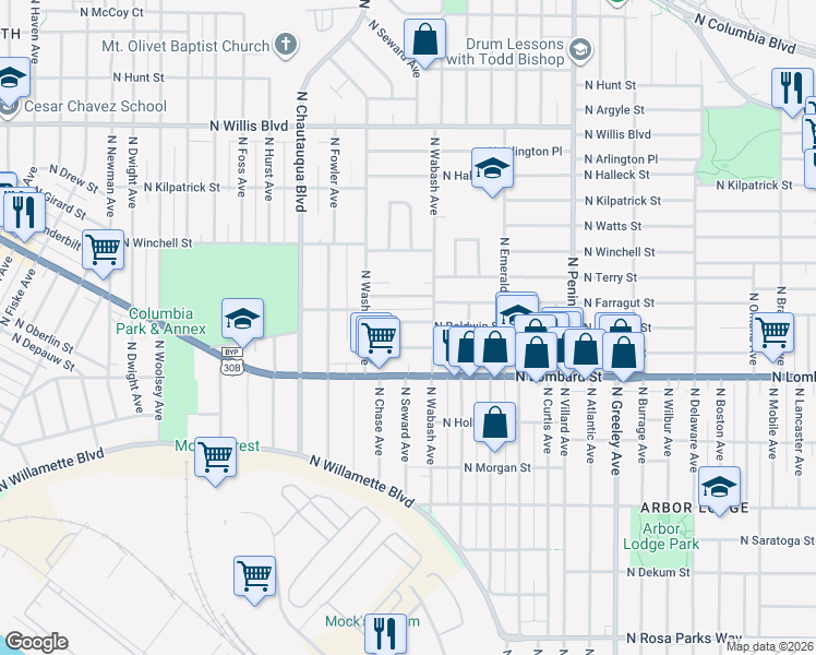 map of restaurants, bars, coffee shops, grocery stores, and more near 3610 North Baldwin Street in Portland