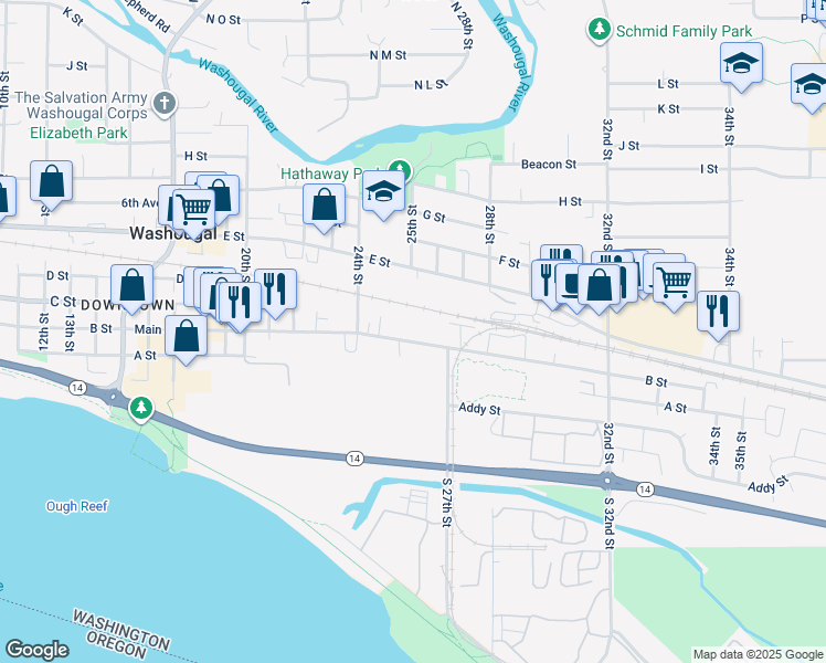 map of restaurants, bars, coffee shops, grocery stores, and more near 2557 Main Street in Washougal