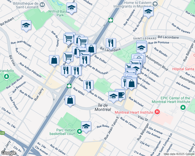 map of restaurants, bars, coffee shops, grocery stores, and more near 7600 Rue Louis Quilico in Montréal