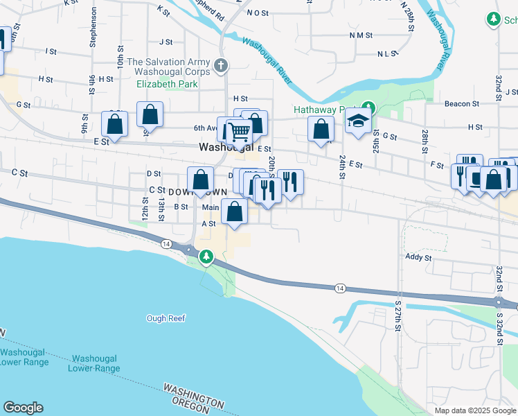 map of restaurants, bars, coffee shops, grocery stores, and more near 1911 Main Street in Washougal