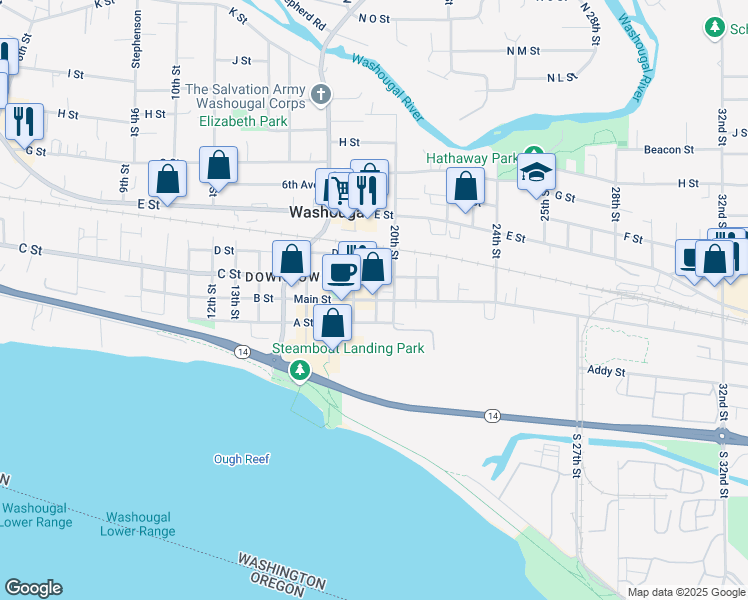 map of restaurants, bars, coffee shops, grocery stores, and more near 1887 Main Street in Washougal