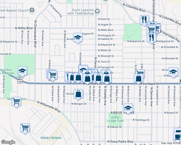 map of restaurants, bars, coffee shops, grocery stores, and more near 7629 North Curtis Avenue in Portland