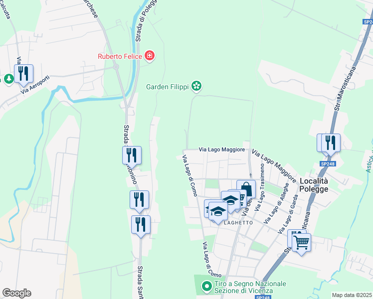 map of restaurants, bars, coffee shops, grocery stores, and more near 128 Via Lago Maggiore in Vicenza