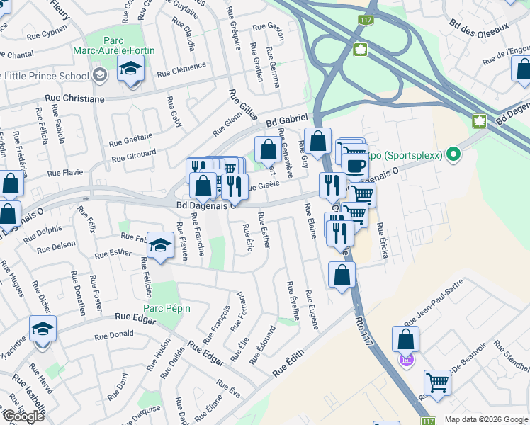 map of restaurants, bars, coffee shops, grocery stores, and more near 3062 Rue Esther in Laval