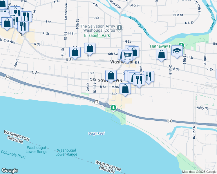 map of restaurants, bars, coffee shops, grocery stores, and more near 1731 B Street in Washougal
