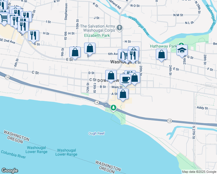 map of restaurants, bars, coffee shops, grocery stores, and more near 1731 B Street in Washougal