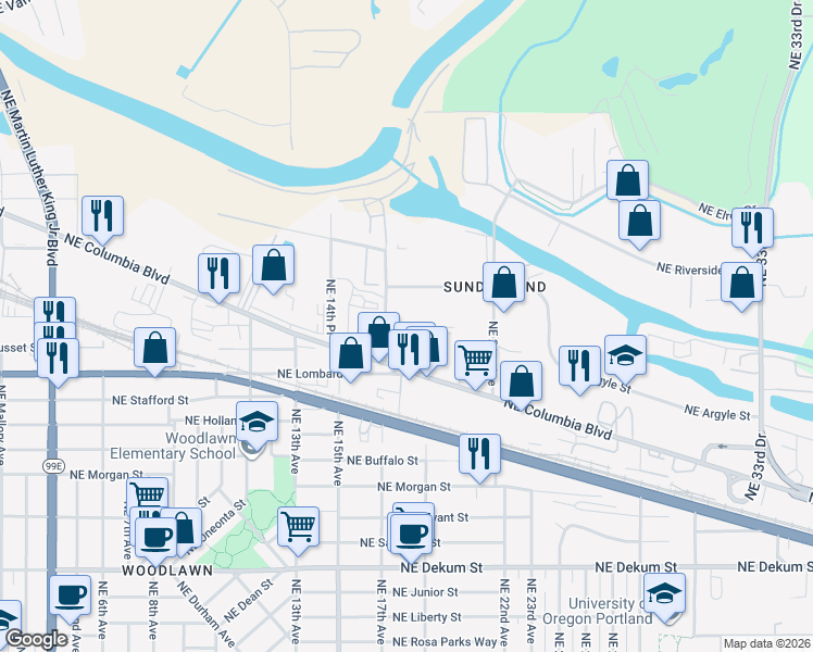 map of restaurants, bars, coffee shops, grocery stores, and more near 7710-7734 Northeast 17th Avenue in Portland