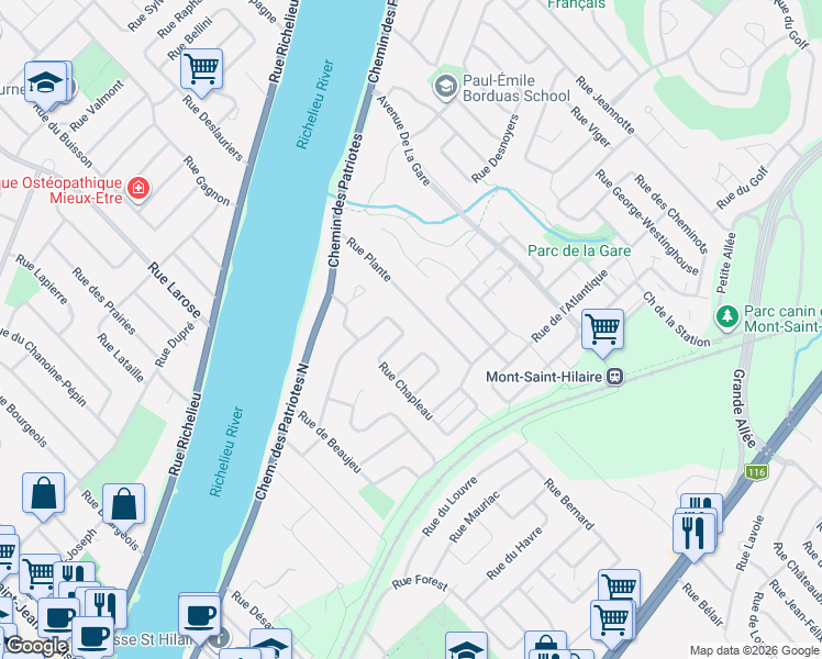 map of restaurants, bars, coffee shops, grocery stores, and more near 639 Rue Chapleau in Mont-Saint-Hilaire