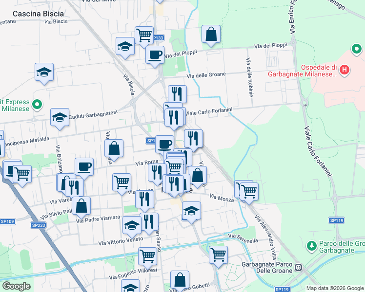 map of restaurants, bars, coffee shops, grocery stores, and more near 46/C Via Manzoni in Garbagnate Milanese