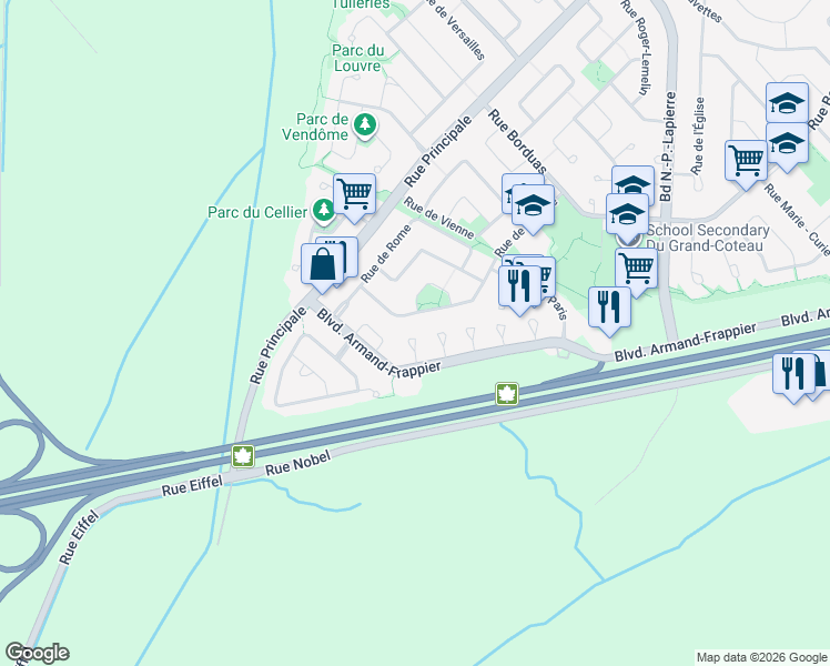 map of restaurants, bars, coffee shops, grocery stores, and more near 98 Place de Chenonceau in Sainte-Julie
