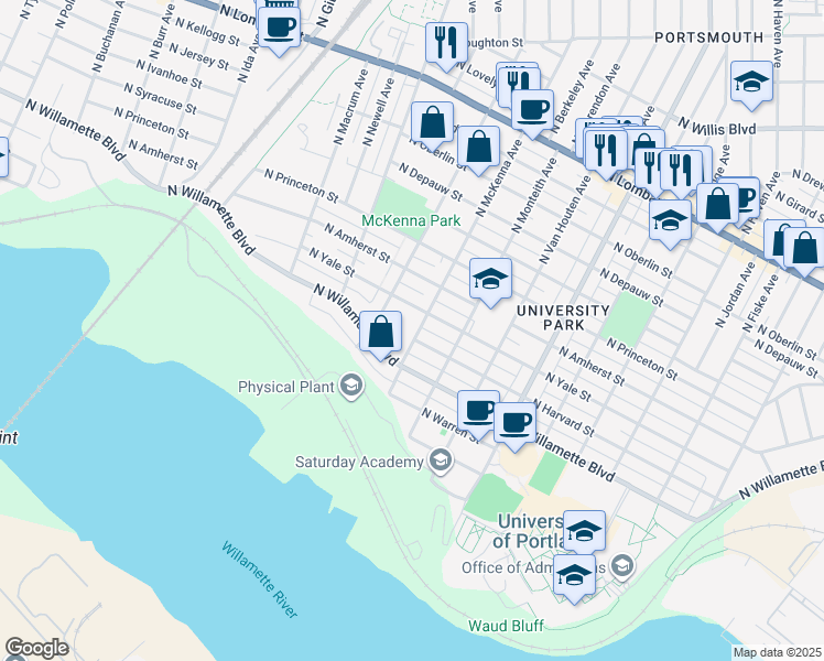 map of restaurants, bars, coffee shops, grocery stores, and more near 6815 North McKenna Avenue in Portland