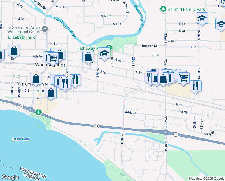 map of restaurants, bars, coffee shops, grocery stores, and more near 2557 Main Street in Washougal